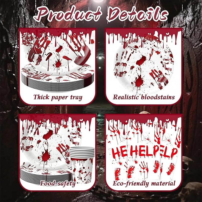 97PCS Scary Halloween Party Supplies Set Bloody Handprint Tableware Decorations Zombie Birthday Themed Party Haunted House Disposable Paper Plates,Cups and Tablecloth(24 Guest)