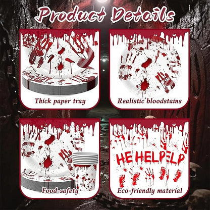 97PCS Scary Halloween Party Supplies Set Bloody Handprint Tableware Decorations Zombie Birthday Themed Party Haunted House Disposable Paper Plates,Cups and Tablecloth(24 Guest)