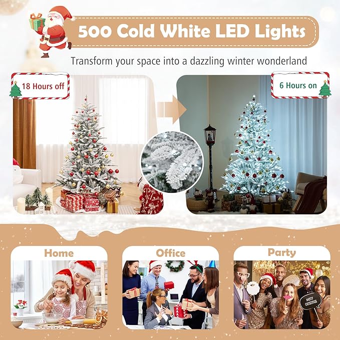 GOFLAME 6FT Pre-Lit Christmas Tree Snow Flocked, Hinged Artificial Xmas Tree with 661 Branch Tips, 500 Cold White LED Lights, 3 Lighting Modes, Timer, Remote, Holiday Decoration Tree for Home Party
