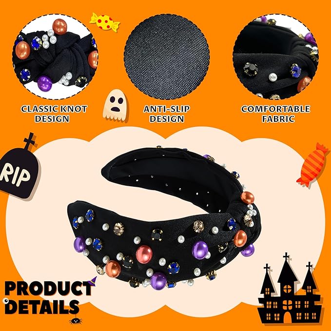 Halloween Pearl Knotted Headband for Women Girls Non Slip Rhinestone Embellished Hair Hoop Halloween Headbands Hair Accessories Gift (Black)