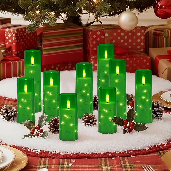 Raycare Flameless Candle with Remote Timer – 9 Flickering Acrylic Battery Operated LED Pillar Candles with Embedded Star String for Christmas, Home Decor, and as a Gift(Green)