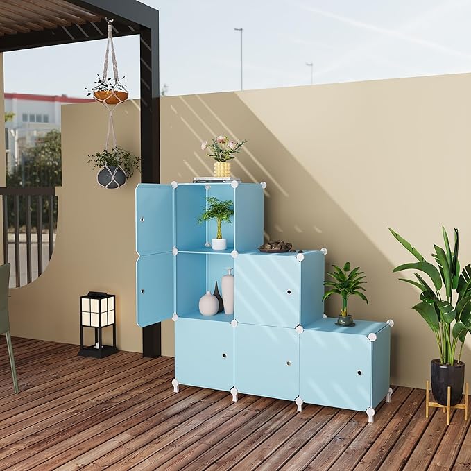 Cube Storage Organizer, 6-Cube Shelves Unit with Doors, DIY Stackable Plastic Clothes Organizer for Bedroom and Under Stairs Storage Unit, Each Compartment 30 x 30 x 30 cm Blue ATTSL6005