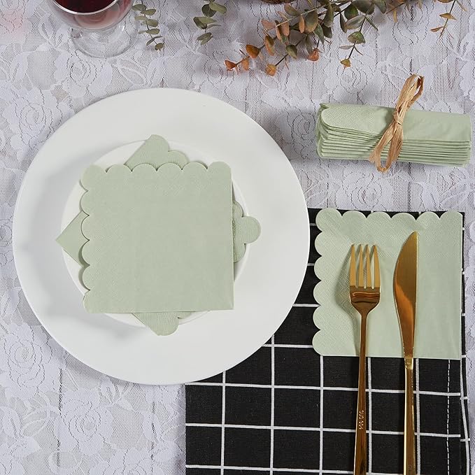 200 Pack Cocktail Napkin 2-Ply Scalloped Edged Dessert Napkins Folded 5 x 5 Inches Disposable Napkins for Dinner Wedding Birthday Party Bridal Anniversary Reception Event (Sage Green)