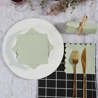200 Pack Cocktail Napkin 2-Ply Scalloped Edged Dessert Napkins Folded 5 x 5 Inches Disposable Napkins for Dinner Wedding Birthday Party Bridal Anniversary Reception Event (Sage Green)