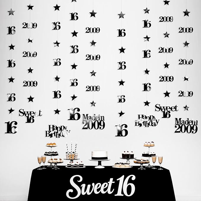 12PCS Black 16th Birthday Decorations Number 16 and 2009 Star Garland Hanging Streamer Banner Backdrop for Girls Boys Cheers to 16 Years Old Birthday Made in 2009 Sweet Sixteen Party Decor Supplies