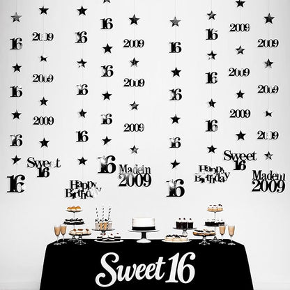 12PCS Black 16th Birthday Decorations Number 16 and 2009 Star Garland Hanging Streamer Banner Backdrop for Girls Boys Cheers to 16 Years Old Birthday Made in 2009 Sweet Sixteen Party Decor Supplies
