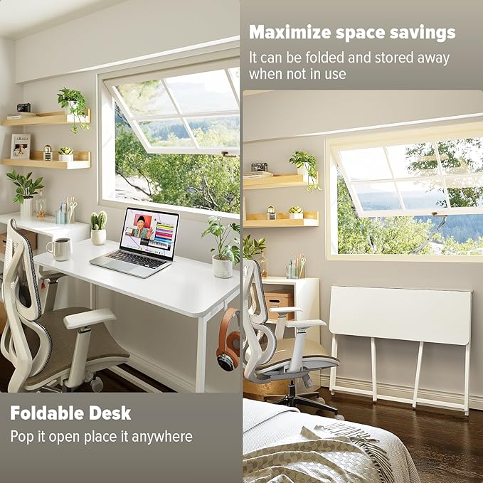 WOHOMO Folding Desk, Small Writing Desk 39.4", Space-Saving Foldable Laptop Table Writing Workstation for Home Office, Easy Assembly, White