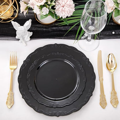 U-QE 100PCS Black Plastic Plates, Heavy Duty Black Disposable Plates Including 50PCS 10'' Dinner Plates & 50PCS 7.5'' Dessert Plate - Hard Plastic Plate for Party Wedding Bridal Shower
