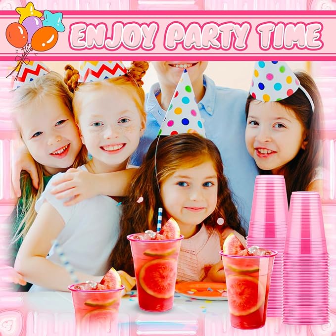 Haawooky 100 Pcs 16 oz Disposable Pink Plastic Cups,Neon Glowing Plastic Party Cups,Bulk Pink Clear Wine Glasses for Valentines Birthday Wedding Bachelorette Party