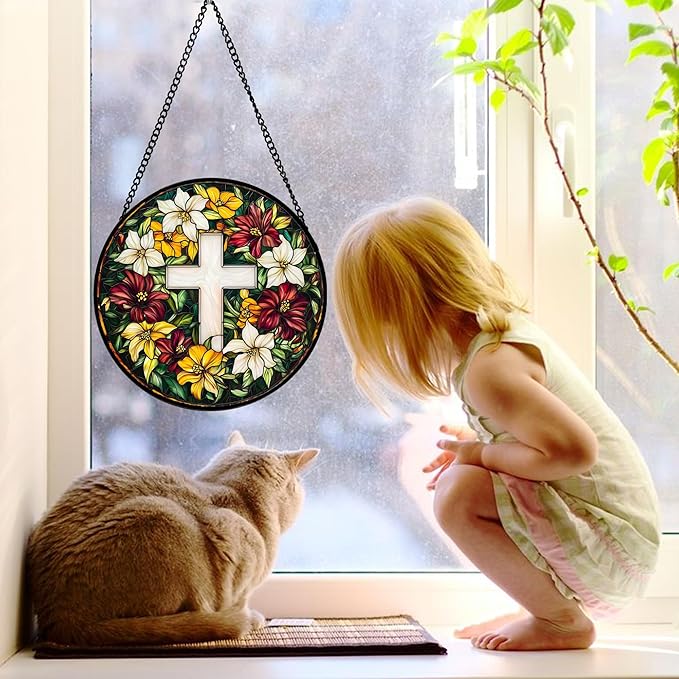 Stained Glass Window Hanging, Cross Flowers Sun Catchers Colorful Glass Panel Christianity Suncatcher Decor for Birthday for Women, Men, Wife, Aunt, and Mom 7.8 in