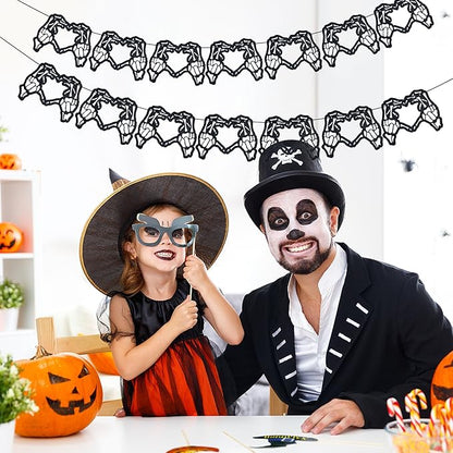 Skeleton Garland, Skeleton Heart Hands Banner, Black Glitter Spooky Hollow Heart Banner, Gothic Birthday Decorations Garland for Bachelorette Party Weddings Halloween Décor(14Pcs Heart)
