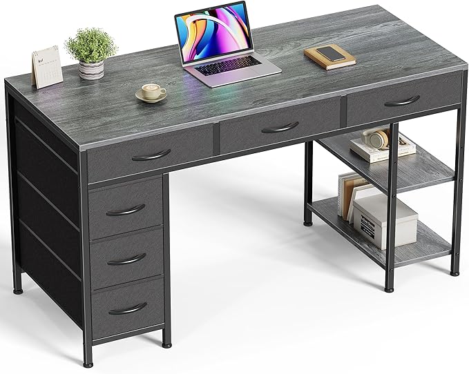 Huuger Computer Desk with 6 Drawers, Office Desk with Shelves, Reversible Gaming Desk, Corner Desk with Storage, Work for Home Office, Study, Living Room, 47inch, Gray