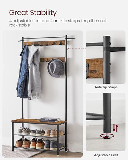 VASAGLE Coat Rack, Hall Tree with Shoe Storage Bench, Entryway Bench with Shoe Storage, 3-in-1, Steel Frame, for Entryway, 12.6 x 33.5 x 68.9 Inches, Industrial, Rustic Brown and Black UHSR401B01