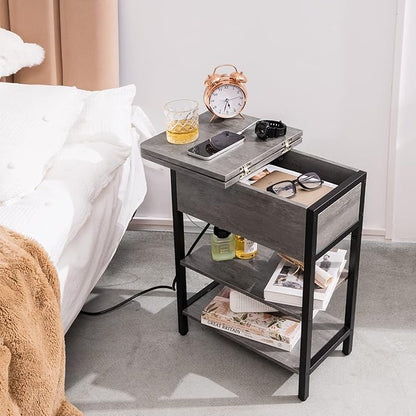 Yoobure End Table with Charging Station, Flip Top Side Table with USB Ports and Outlets, Sofa Couch Table Bedside Table for Living Room Bedroom, Narrow Nightstand with Shelves for Small Space Gray