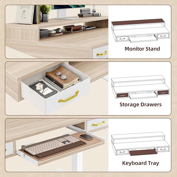 TIQLAB Standing Desk with Two Drawers, Stand Up Standing Desk Adjustable Height, Electric Sit Stand Table with Storage Shelf and Splice Board, with LED Light, 47 * 28 inch, Light Walnut