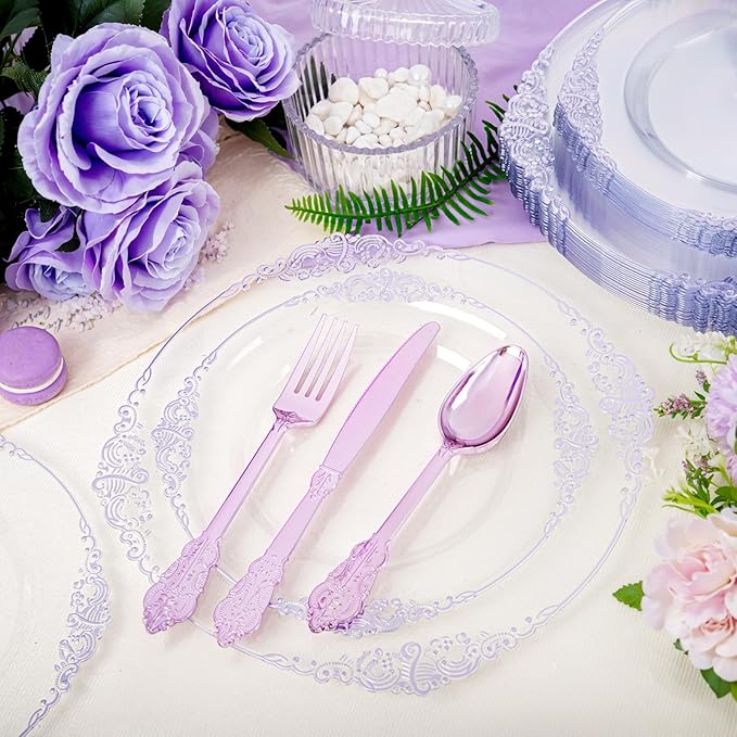 Hioasis 175pcs Clear Purple Plastic Plates - Elegant Disposable Dinnerware Set Suitable for 25 Guests Include 10.25" Dinner & 7.5" Dessert Plates, Pre Rolled Silverware Set, Cups for Party & Wedding