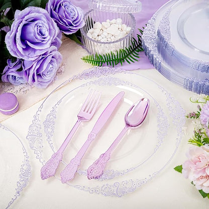 Hioasis 175pcs Clear Purple Plastic Plates - Elegant Disposable Dinnerware Set Suitable for 25 Guests Include 10.25" Dinner & 7.5" Dessert Plates, Pre Rolled Silverware Set, Cups for Party & Wedding