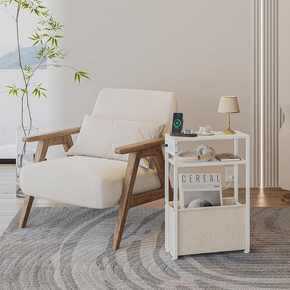 White Side Table with Charging Station, Slim End Tables with Linen Basket, Skinny Table for Small Spaces, Thin Bedside Table for Living Room, Bedroom