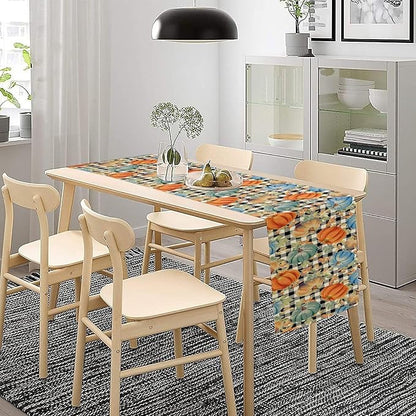 Fall Pumpkin Table Runner Black White Plaid Maple Leaves Watercolor Illustration Rustic Thanksgiving Home Decor for Farmhouse Indoor Outdoor Party Holiday Dining Kitchen Restaurant Cafe W13xL72in