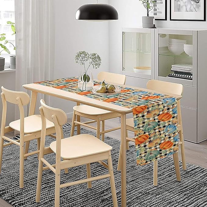 Fall Pumpkin Table Runner Black White Plaid Maple Leaves Watercolor Illustration Rustic Thanksgiving Home Decor for Farmhouse Indoor Outdoor Party Holiday Dining Kitchen Restaurant Cafe W13xL108in