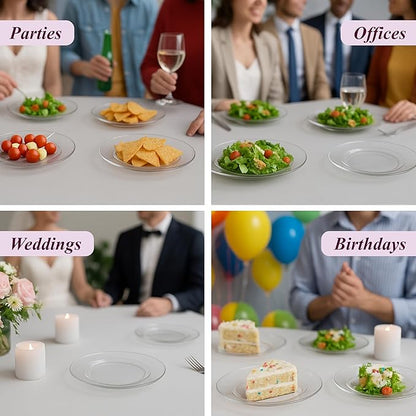 Aya's Cutlery Kingdom 100 Clear Plastic Plates for Party - Heavy Duty Disposable Set of 50 Dinner and 50 Dessert Plates - Elegant Plastic Disposable Plate for Weddings, Parties, and Special Events