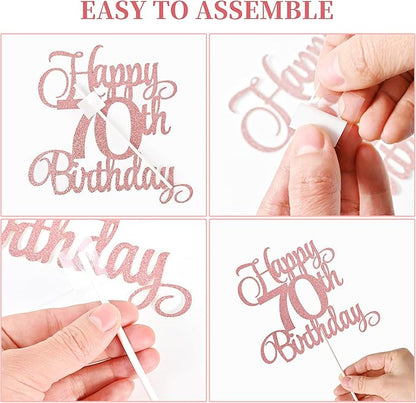 70th Birthday Cake Decorations, 70th Birthday Candles Cake Numeral Candles and Glitter Happy 70th Birthday Cake Toppers Set for Birthday Party Supplies (Rose Gold)