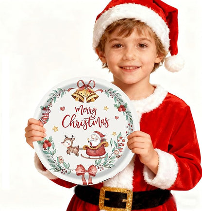 125PCS Christmas Party Paper Plates and Napkins Forks Cups Set for 20 Guests, Santa Claus Snowman Disposable Dinnerware Set Party Supplies (White)