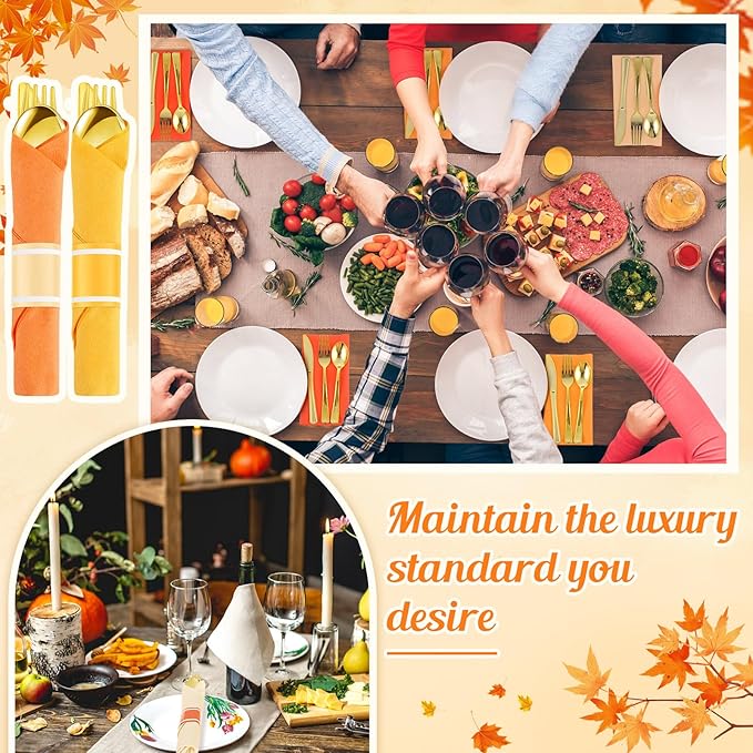 Lasnten 50 Pcs Pre Rolled Fall Thanksgiving Plastic Silverware Set Gold Disposable Plastic Cutlery Set with 50 Pcs Orange Yellow Napkins, 50 Knives, 50 Forks and 50 Spoons for Halloween Fall Parties