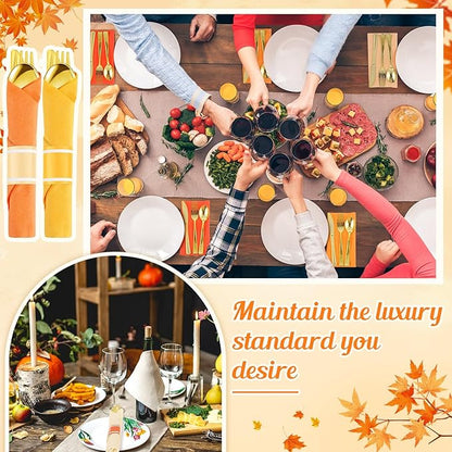 Lasnten 50 Pcs Pre Rolled Fall Thanksgiving Plastic Silverware Set Gold Disposable Plastic Cutlery Set with 50 Pcs Orange Yellow Napkins, 50 Knives, 50 Forks and 50 Spoons for Halloween Fall Parties
