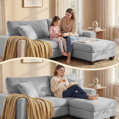 DOPEDIO L-Shaped Sectional Sofa with Storage Ottoman, Modern Chenille Recliner Loveseat, Removable Couch Covers, Pocket Spring Cushions, Solid Wood Frame, Easy to Install (88.58inch, Light Gray)
