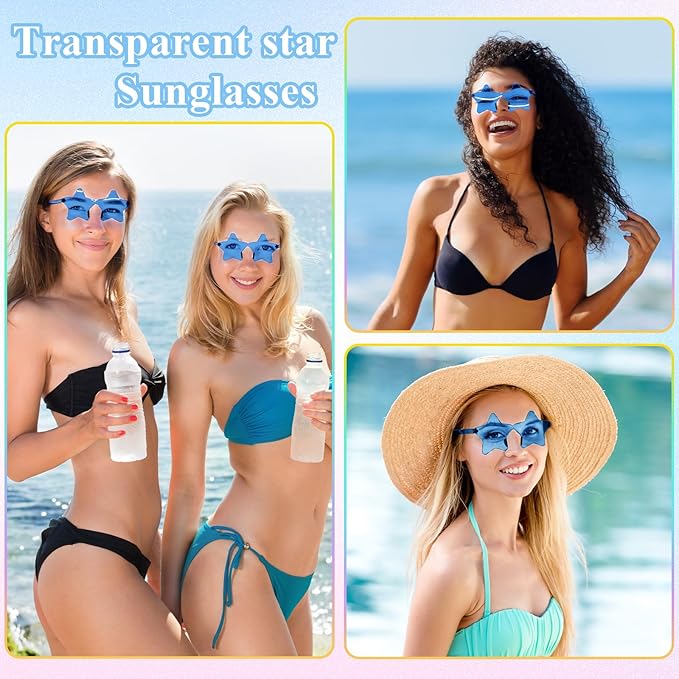 NACHLYNN 6 Pcs Rimless Star Shaped Sunglasses Light Blue Transparent Sunglasses Pentagram Glasses for Party Favor Cosplay