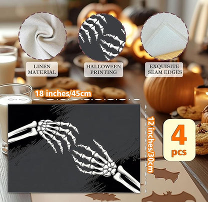 Halloween Skeleton Placemats Set of 4, 12x18 Inch Skeleton Decorative Table Mats, Washable Heat Resistant Place Mats for Kitchen Dining Table, Spooky Themed Decoration for Home-B13