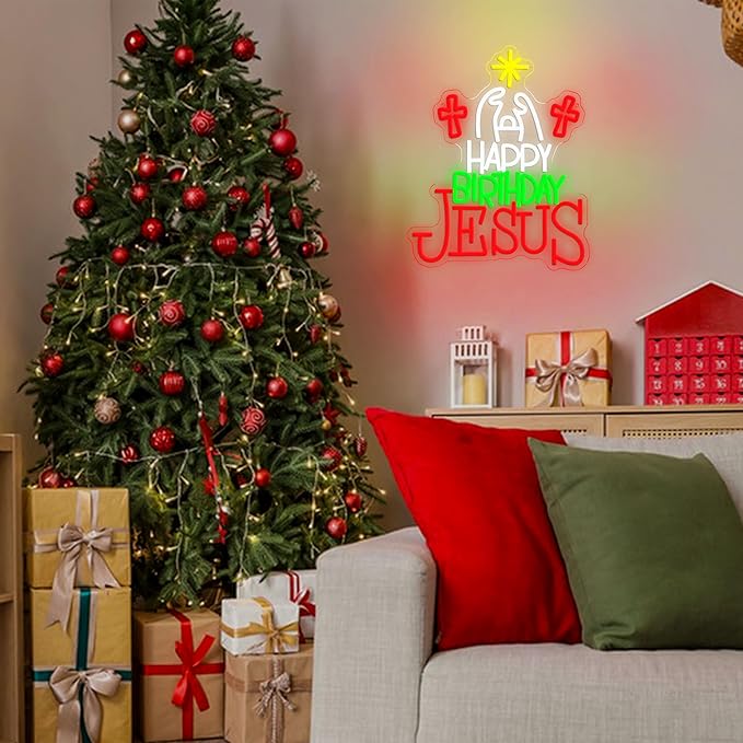 Happy Birthday Jesus Neon Sign for Christmas Decor Cross Neon Light Sign Dimmable USB Led Christian Religious Neon Wall Decor for Church Home Nativity Scene Faith-Based Holiday Gift