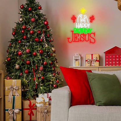 Happy Birthday Jesus Neon Sign for Christmas Decor Cross Neon Light Sign Dimmable USB Led Christian Religious Neon Wall Decor for Church Home Nativity Scene Faith-Based Holiday Gift