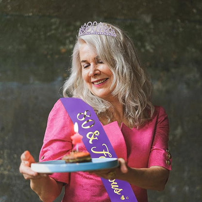 CIEHER 80th Birthday Crown + Sash, Purple 80th Birthday Decorations for Women, Fabulous Party Supplies