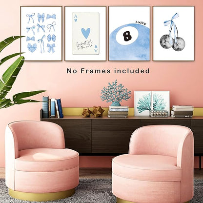 okaxscm Light Blue Coquette Trendy Preppy Wall Art Prints Set of 4,Coquette Preppy Room Decor,Blue Bow Disco 8 Ball Cherry Wall Decor Posters for Girls Bedroom Dorm,12x16 Unframed