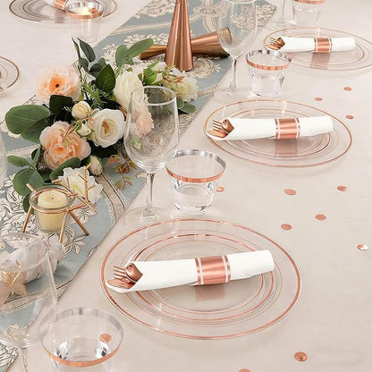 50 Pack Pre Rolled Rose Gold Plastic Silverware Set,Wrapped Plastic Cutlery Set with Napkin Include 50 Forks,50 Spoons,50 Knives and 50 White Napkins for Party,Wedding