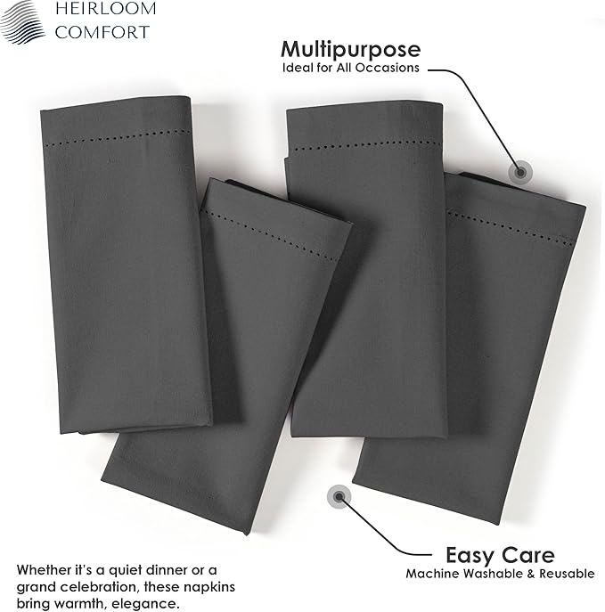 Grey Cloth Napkins 18x18 Inch - Set of 12-100% Cotton, Soft, Durable, Absorbent, Washable - Hemstitch Mitered Edges - Perfect for Dinner, Fall, Weddings, Formal Events, Everyday