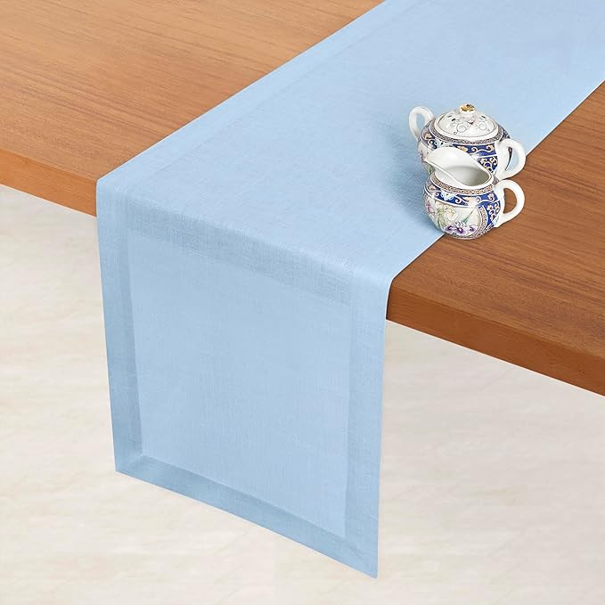D'Moksha Homes Linen Powder Blue Table Runner 90 Inches Long - 100% Pure Linen 14 x 90 Inch Table Runner for Dining, Winter, Christmas, Holiday - Machine Washable