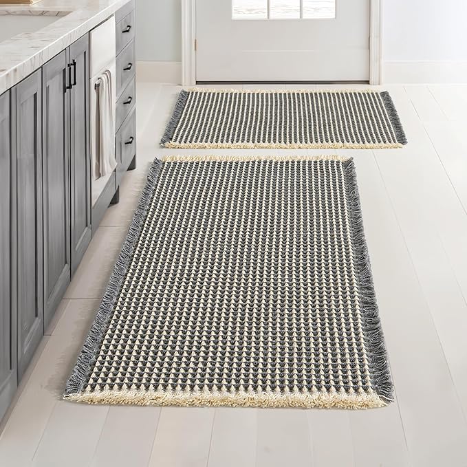 MIULEE Set of 2 Waffle Bathroom Rugs, Boho Bath Rugs Non Slip Washable, Super Absorbent Bath Mats, Ultra Soft Rubber Backed Shower Mats for Bathroom Floor, Tub, Dark Grey & Yellow, 17"x24"+18"x30"