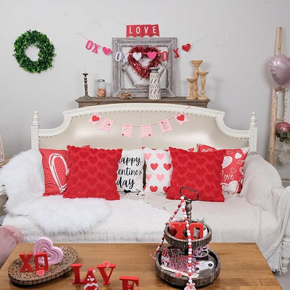 GEEORY Valentines Day Soft Plush Love Heart Pillow Covers, 18 x 18 Inch Set of 2, Faux Fur Wool Decorative Anniversary Cushion Case for Sofa Home Decoration Red GC010-18