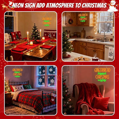 Horseneon Christmas Neon Sign Gingerbread Kisses Christmas Wishes Neon Sign Bright LED Wall Decoration for Home Kitchen Bakery USB Power Sweet Treats Neon Signs for Christma