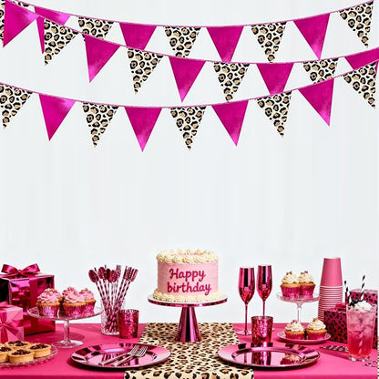 Hot Pink Leopard Print Pennant Banner Flag Hanging Paper Triangle Bunting for Cheetah Print Leopard Theme Birthday Baby Shower Wedding Bachelorette Engagement Bridal Shower Party Decorations Supplies