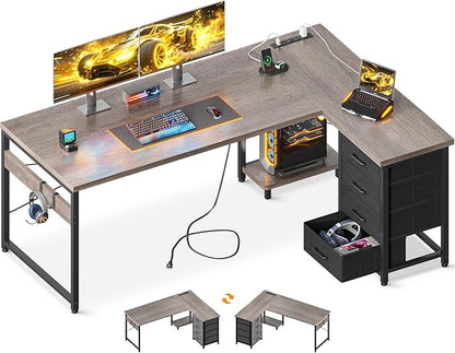 AODK L Shaped Gaming Desk with 4 Drawers, 61" Reversible Home Office Desks with Power Outlets, L Shaped Computer Desk with USB Charging Port and Host Stand, Corner Desk, Easy to Assemble, Grey