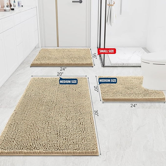Smiry Luxury Chenille Bathroom Rugs 47x24, Extra Soft and Absorbent Shaggy Bath Mat, Machine Washable, Non-Slip Plush Carpet Runner for Tub, Shower, and Floor, Home Decor Accessories, Beige