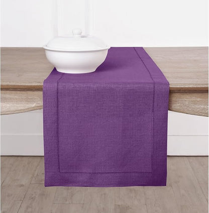 Solino Home Linen Purple Table Runner 60 Inches - Classic Hemstitch, 100% Pure Linen Coffee Table Runner 14 x 60 Inch Ideal for Dresser Tables - Fall, Autumn, Holiday