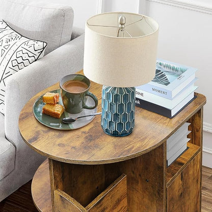 TooCust Rotating End Table with Storage, Swivel Side Table Living Room, Side Table with Magazine Holder, Basket and Cabinet, Sofa Side Farmhouse End Tables with Open Shelf (Rustic Brown)
