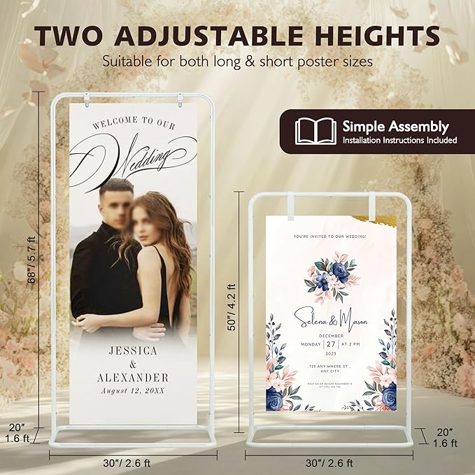 Jolitac Wedding Welcome Sign Holder, Adjustable Wedding Sign Stand Leather Hanging Straps & Design Bundle Heavy Duty Metal Easel Stand for Seating Charts, Bridal Showers, Birthday Party Displays