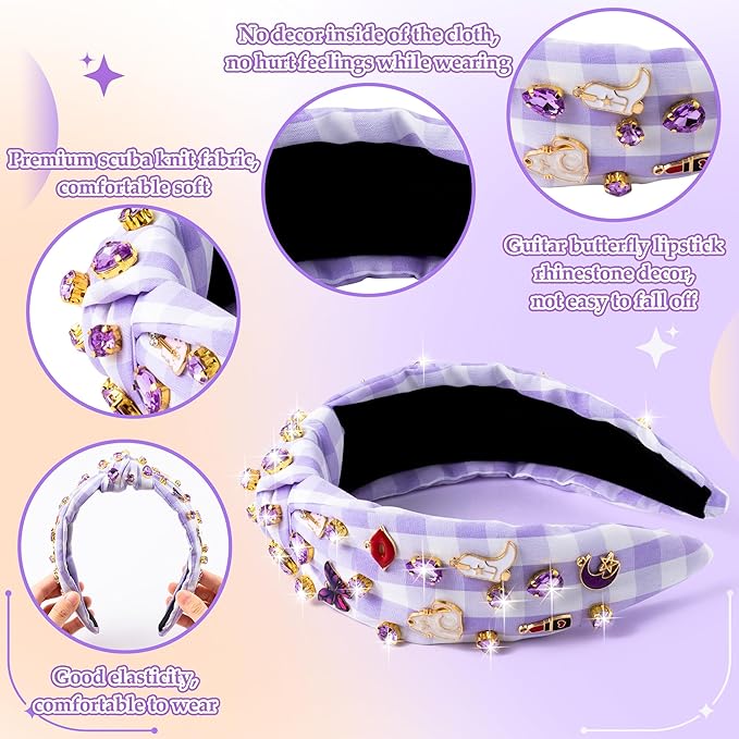 PANTIDE Music Jeweled Knotted Headband - Singer Fans Gift Guitar Red Lip Rhinestone Crystal Embellished Headband Top Knot Hair Accessories Birthday Valentine's Day Gift for Women Girl (Purple Plaid)