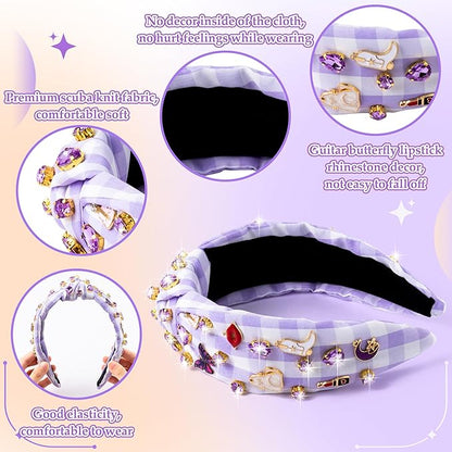 PANTIDE Music Jeweled Knotted Headband - Singer Fans Gift Guitar Red Lip Rhinestone Crystal Embellished Headband Top Knot Hair Accessories Birthday Valentine's Day Gift for Women Girl (Purple Plaid)